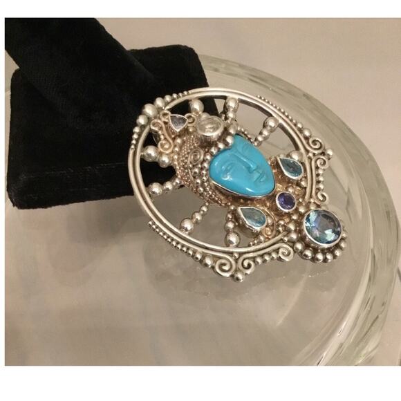 SAJEN Turquoise Face Goddess Sterling Blue Topaz/Multi Gemstone Pendant/Brooch - Picture 3 of 4